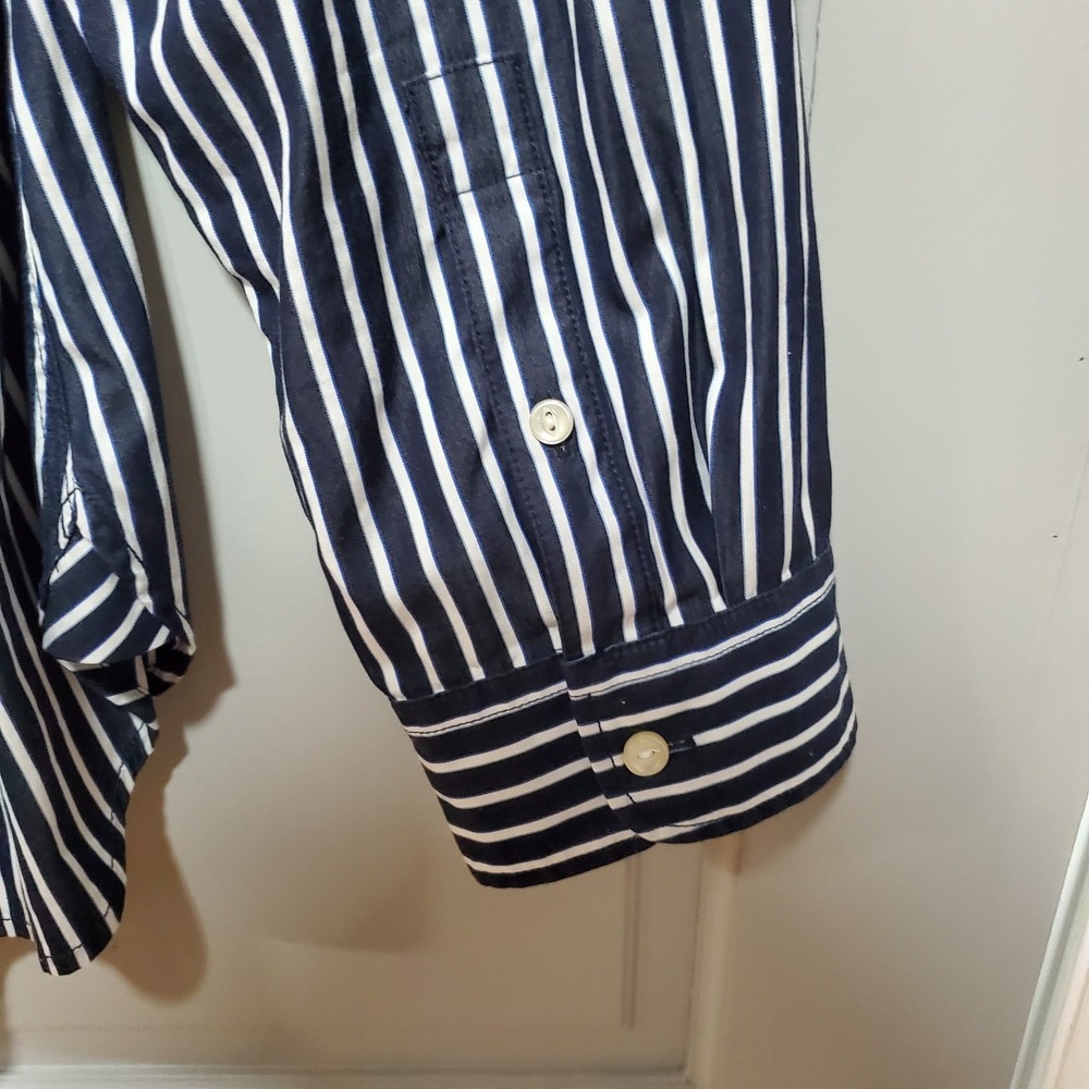LRL Lauren Jeans Co Women Shirt Large Button Up Navy/White Stripe Nautical - Picture 8 of 14